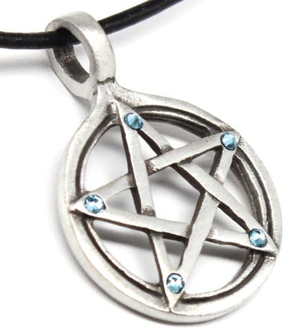 Pewter Pagan Pentagram Pendant on Leather Necklace with 5 Swarovski Crystal Birthday