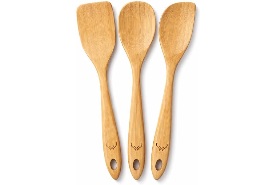 Prime Bamboo Wooden Spoons for Cooking Set of 3 Pcs – Wooden Cooking Utensils with Long Handle, Includes Flat Wood Spoon, Bamboo Spatula, and Slotted Spoon for Kitchen Utensils Set