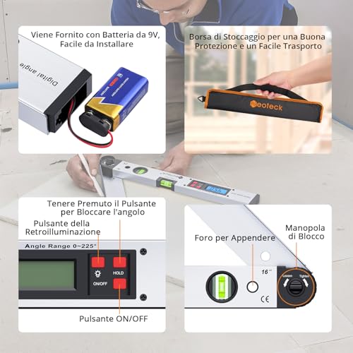 Neoteck 400 mm Digital Angle Finder 0 ~ 225 ° Digital Inclinometer LCD Backlit Digital Angle Ruler with Portable Bag Digital Angle Detector for Industrial Applications Work-White