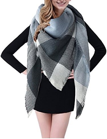 BEINY Soft Cozy Plaid Scarf Gorgeous Triangle Blanket Scarf Wrap Shawl for Women (Light Blue/Grey)