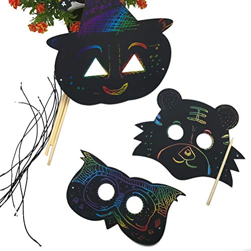Odowalker Magic Scratch Art Rainbow Scratch Paper Animal Masks Face DIY Gift Scratchboard Art Kits for Kids Birthday Party Supplies 36 Pcs Rope 12 pcs Wooden (Animal Masks)