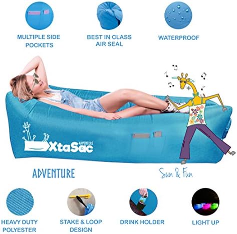 Air Sofa in a Bag, no Pump Easy Inflatable Lounger, with Pockets, 2 Variants: ADVENTURE Extra Long &amp; Heavy Duty + Stake, SUN &amp; FUN Lightweight with Drink Holder + Party LIGHT (ADV Ice Blue)