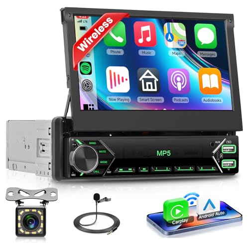 VECHTEL Carplay Android Auto Wireless Car Radio with 7 Inch Electrically Retractable Display, 1 DIN FM Radio with Bluetooth, Mirror Link,2 USB/Type-C/SD with Rear View Camera/Steering Wheel Control