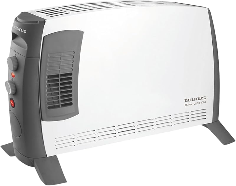 – Radiador convector Clima Turbo 2000 | 2000W | 3 intensidades de calor + Turbo | Termostato Ajustable | Superficies hasta 20m² | Patas incluidas | Asa de transporte