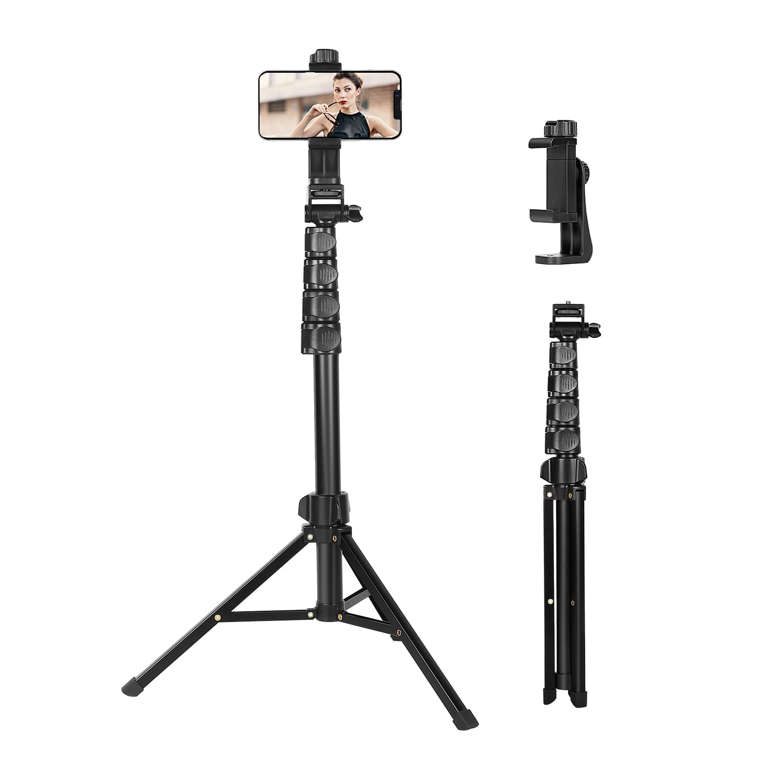 CAMBOFOTO 66" /168cm Phone Tripod, Phone Stand, Selfie Stick, Compact Travel Tripod with 360° Swivel Head, Lightweight for Vlogging, Live Streaming, Compatible with iOS/Android/Small Camera