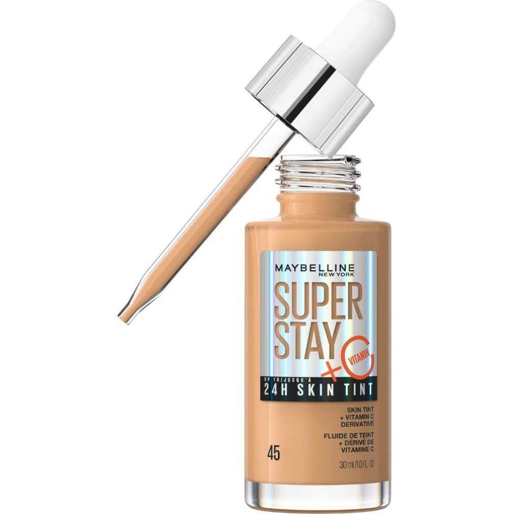 Maybelline Super Stay Skin Tint Foundation, With Vitamin C*, Brighten and Glow Serum Foundation with Long-Lasting, Buildable Coverage, Up to 24H Wear, Vegan Formula, Shade 45