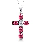 Gem Stone King 925 Sterling Silver Pink Tourmaline and White Moissanite Cross Pendant Necklace for Women | 2.88 Cttw | Gemstone October Birthstone | Oval 6X4MM | With 18 Inch Chain