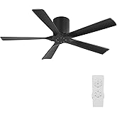 ELEHINSER 52 Inch Flush Mount Ceiling Fan without Light, Low Profile Modern Ceiling Fan with Remote, Quiet DC Motor, 6-Speed, Timer, 5 Solid Wood Blades, Black
