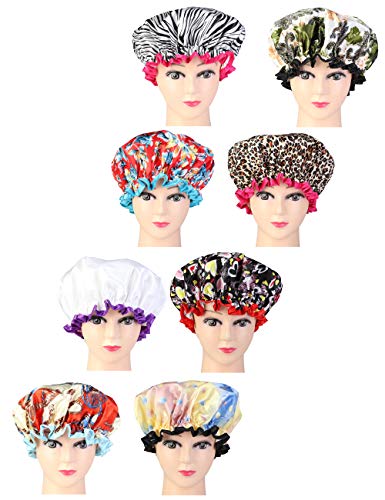 Thunaraz 8Pack Shower Caps for Women Girls Satin Bonnet Waterproof Hair Cap Double Layer - Thumbnail 5