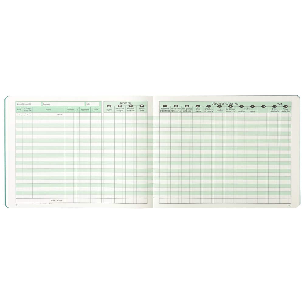 Exacompta - Ref 70E - Horizontal Civil Society Revenue and Expenses Record Book (96 Pages) - 240 x 320mm in Size, Green Rulings, 110gsm Paper - French Text