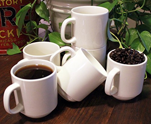 Stackable Ceramic Diner Coffee and Tea Mugs with Pan Scraper, 12 Ounce (4-Pack, White Ivory)