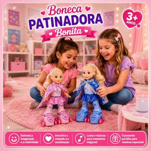 Boneca Patinadora Musical com Luzes, Plástico, 28cm, Dança e Toca Músicas, Patins Iluminados, Alimentação 3 Pilhas AA, para Crianças 3 Anos+ (AZUL)