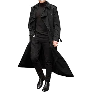 HYYGOCCTV Men's Long Double Breasted Trench Coat Fall Winter Lapel Windproof Slim Fit Belted Overcoat Long Sleeve Jacket