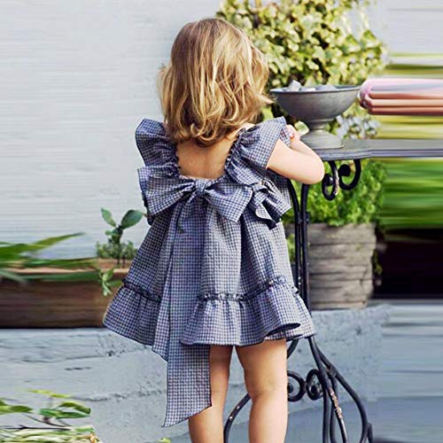 Tantisy â™£â†­â™£ Baby Girl Dresses 6M-24M  Fashion Kids Ruffled Sleeve Plaid Princess Party Casual Dress Patchwork Sundress Blue