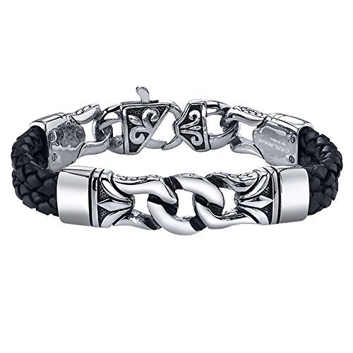 Coolman Black Stainless Steel Braided Leather Bracelet Cross Bracelets 8.8 Inch for Men Women