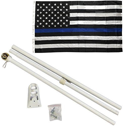6 Ft WHITE Flag Pole Gold Ball Kit + 3x5 Ft Police Flag - Thin Blue Line USA