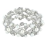 EVER FAITH Crystal Cream Simulated Pearl 1920's Style Leaf Stretch Bracelet Clear