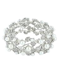 Jewelry: EVER FAITH Silver-Tone Crystal Cream Simulated Pearl 1920s Style Leaf Stretch Bracelet Clear - EVER FAITH
