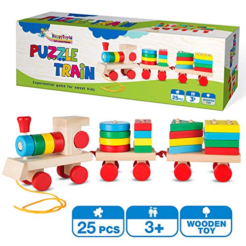 HappyToy4u WOODEN PUZZLE TRAIN TOY 25-Piece, Educational Pull-Along Train Set, Shape Sorter, Color Sorting, and Stacking Game for Kids, Montessori Toddler Preschool Learning Toys for Ages 3, 4, 5 GIFT