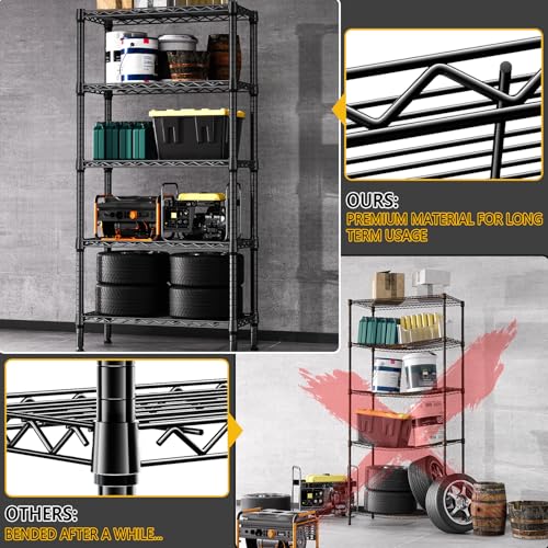 M MZG Heavy Duty Metal Shelving Unit 5 Levels up to 567 kg Adjustable Shelves for Garage, Workshop and Warehouse, Studio, Black, 30 x 75 x 151 cm