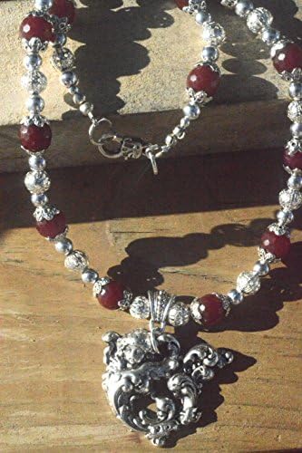 Cherub William Kerr Angel Cupid Reproduction Steampunk Ruby Beads Pendant Beaded One of a Kind Necklace Silver Handmade Bali Filigree
