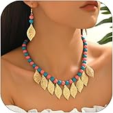 NOVYRA Colorful Bead Leaf Pendant Jewelry Set for Women Boho Blue Pink Acrylic Bead Choker Necklace Chunky Gold Leaf Dangle Earring Vintage Festival Party Jewelry Set for Women