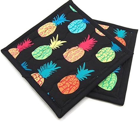 Cotton Pot Holders - Tropical Bright Pineapples on Black - Set of 2 - 8 Inch Kitchen Hot Pads