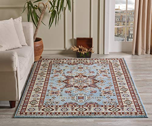 GLORY RUGS Oriental Area Rug 5x7 Medallion Cream Hand Touch Vintage Traditional Texture for Bedroom Living Dining Room 7315A Gabbeh Collection (Blue)