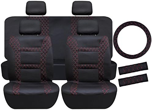 Full Set Car Seat Covers Universal Front Rear Seat Cover Set 11 Pcs Seat Belt Pad Protectors for Car SUV Truck (Black with Red Lines)