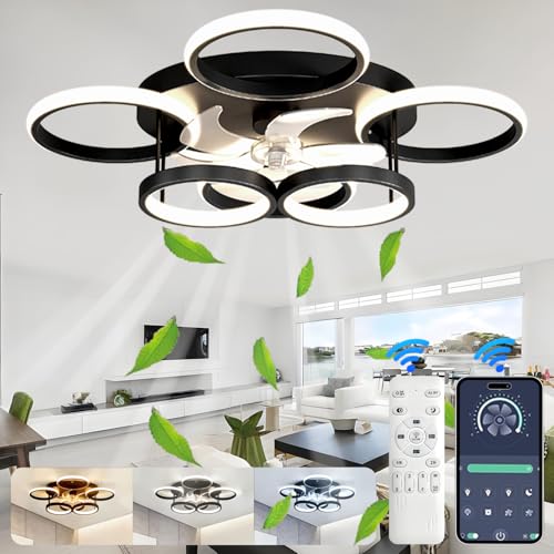 SXJCCSM 72 W Dimmable Ceiling Fan Ceiling Light, Silent LED Chandelier Design with 6 Rings with Remote Control and APP, 6 Speeds Reversible, Timing, Suitable for Kitchen, Living Room, Bedroom, Black