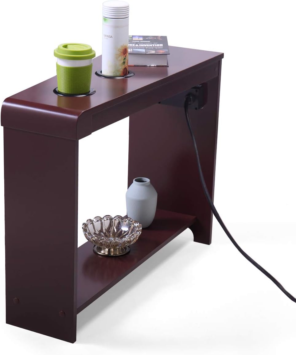 Sandinrayli Coffee Table Side Narrow Table End Table with USB Power Strip,Dark Brown Wood Finish
