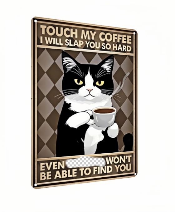 Carastora Vintage Coffee Bar Decor Sign – Black and White Cat Metal Wall Art with Humorous and Sarcastic Quote – Funny Tin Sign for Kitchen, Cafe – 8x12 Inch