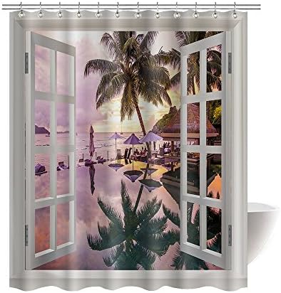 Gwein Windows Beautiful Beach Palm Tree Resort Island Bath Home Decor of Waterproof Bathroom Polyester Fabric Mildew Resistant Shower Curtain 66"(w)x72" (h)Inch