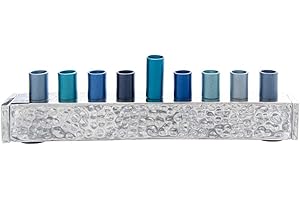 Yair Emanuel Small Hammered Strip Menorah with Blue Candle Holders | Anodized Hammered Aluminum Hanukiah | Jewish Gifts (HX-2)