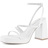 Shoe'N Tale Platform Heels for Women Strappy Block Chunky Heels Square Toe Ankle Buckle Sandals