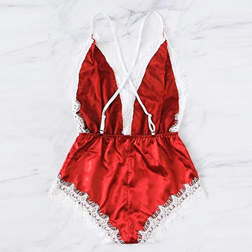 Clearance! Women Lingerie Bodysuit Satin Pajamas Teddy Lace V-Neck One Piece Sleepwear Shorts Jumpsuit Romper (Red#1, XXXL) - Thumbnail 2