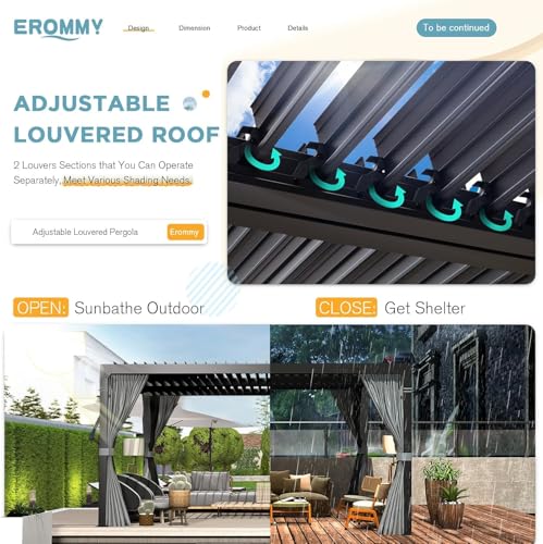 EROMMY Louvered Pergola 10x12, Outdoor Aluminum Pergola with Adjustable Rainproof Roof for Garden, Patio, Deck, Waterproof Curtains and Netting Included, Gray-Black image 18