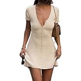 Naileksi Women Elegant Button Down A-Line Knit Mini Dress V Neck Short Sleeve Solid Fit Flare Ribbed Knit Short Dress