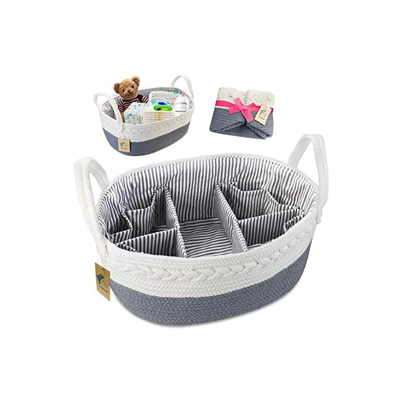 Lzellah Baby Diaper Caddy Organizer – Extra Large Nappy Caddy Rope Nursery Storage Bin – Baby Basket with 8 Pockets, 5…