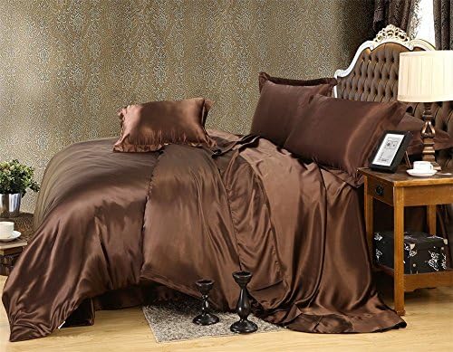 MoonLight Bedding Luxurious Ultra Soft Silky Satin 7-Piece Bed Sheet Set with Duvet Cover Set Cal-King, Chocolate