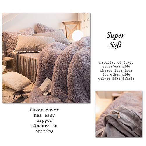 MooWoo 4PCS Shaggy Bedding Sets, 1 Velvet Flannel Duvet Cover + 1 Quilted Ruffle Bed Sheet Skirt + 2 Pompoms Fringe Pillow Sham, Zipper Closure Velvet Bedding Sets (Gray, Full)