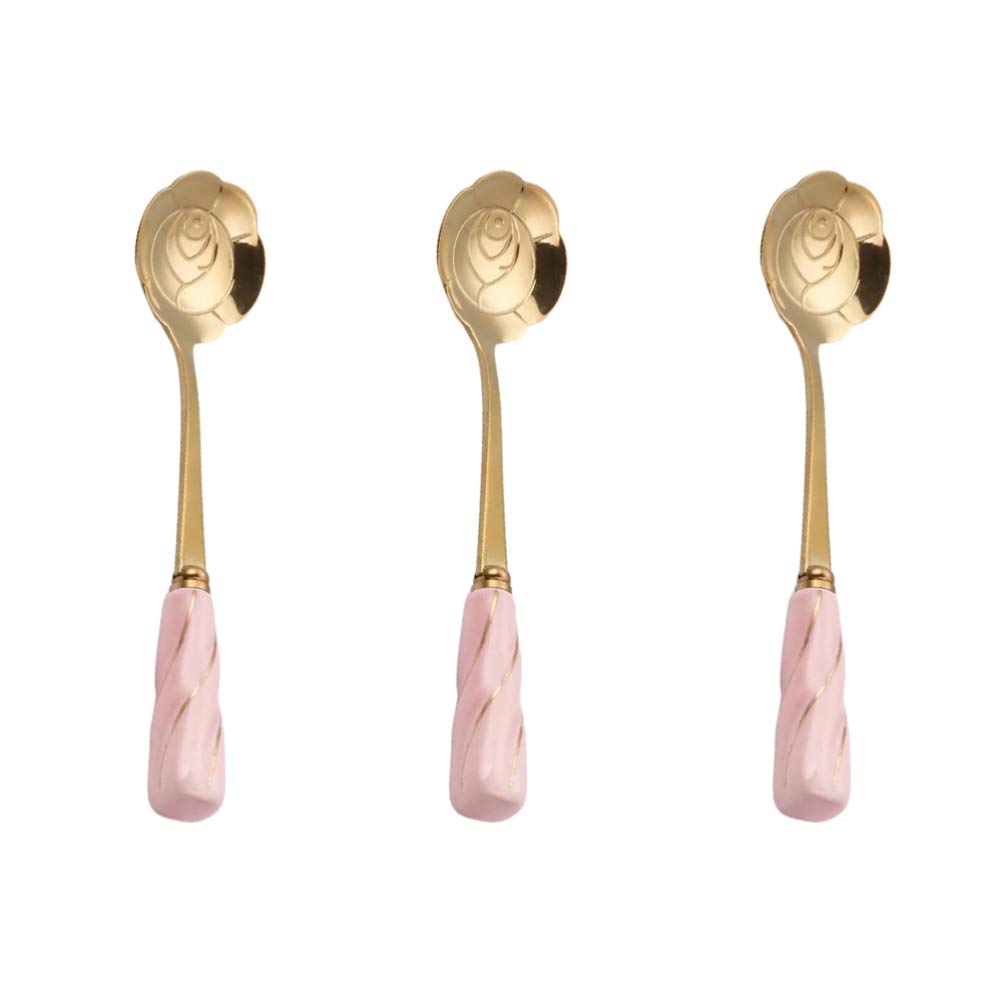 Yardwe 3pcs Flower Spoon Stainless Steel Coffee Teaspoon with Ceramic Handle for Iced Tea Sugar Dessert Cake (Pink Gold)