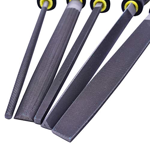 Fatmingo 8 inch High Carbon Steel Metal File Set Rubber Handles Flat Round Half Round Square Triangular Rasp Files for Metal, Woodwork, a Storage Pouch and a Cleaning Brush