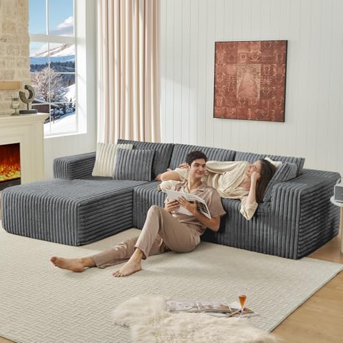 Fantico Modular Sectional Sofa Couch Luxurious Corduroy - High-Density Foam, Non-Slip Stability, Easy Setup with Box Packaging, Comfortable & Durable for Living Room, Apartment, Bedroom - Grey