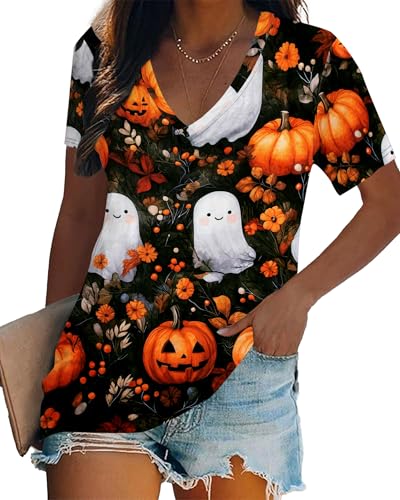 Halloween Shirts for Women Pumpkin Face Tee Casual V-Neck Loose Tops at Amazon