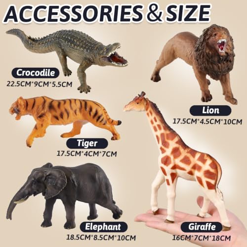 LINFUN KIDS Animal Toy, 5 Pieces Realistic Figure Set | with Lions, Elephants, Giraffes, Crocodiles and Tigers Forest Animals Figures Educational Toy for Boys Girls 3+