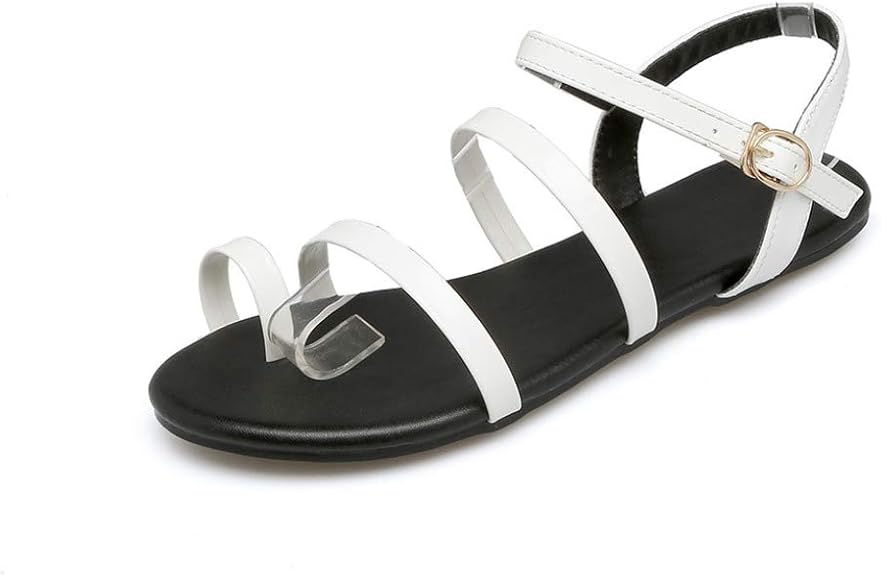 Amazon.com | JOYBI Women Open Toe Flat Sandals 3-Strap Slip On Buckle PU Leather Summer 