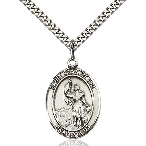Sterling Silver St. Joan of Arc Pendant 1 x 3/4 inches with Heavy Curb Chain