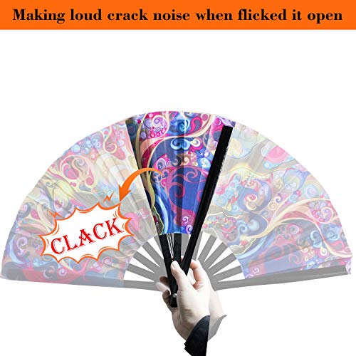 SYNTECSO Folding Hand Fan for Rave, Large Bamboo Fan for Women and Men Gift，Chinese Japanese Clack Fan for Parties, Music Festivals, Drag Race and Decoration (Trippy Tree) - Thumbnail 4