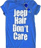 Women Jeep Hair Don't Care Lettters Print Funny T-Shirt Casual Short Sleeve O-Neck Tops Blouse Size L (Blue)